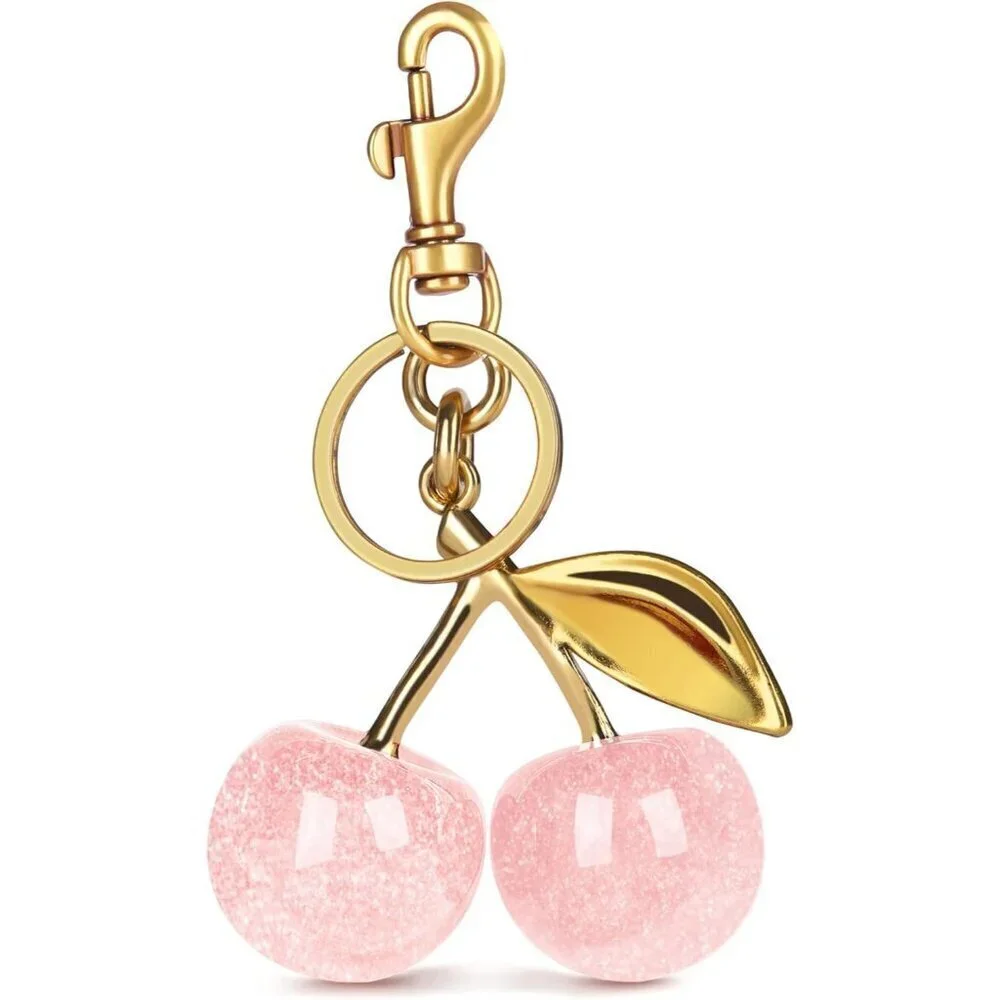 Women's Gold Pink Resin Cherry Charm Cute Keychain Accessories Sparkling Bag